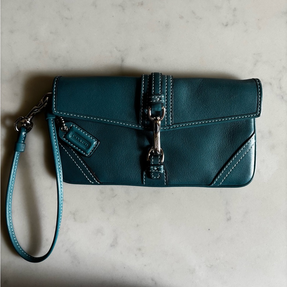 Coach Teal Leather Wristlet with Buckle Detail